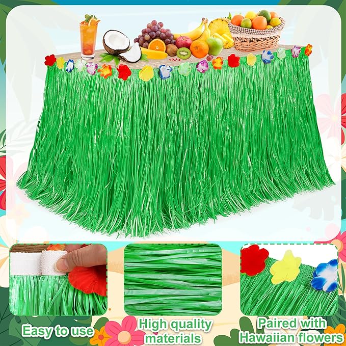 Luau Party Table Skirt Decorations, 4PCS Green Hawaiian Themed Table Skirt Bulk, Indoor Outdoor 108 X 29.5" Grass Table Skirt Party Decor, Hula Dance Table Skirt for Summer Beach Themed Activities