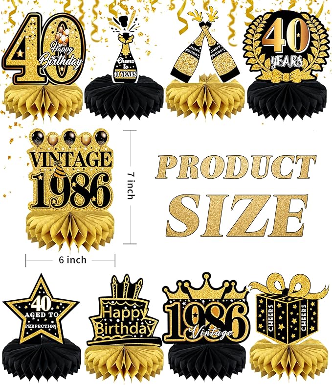 9 Pcs 40th Birthday Decoration for Men Women Happy 40th Birthday Table Decorations Cheers to 40th Honeycomb Centerpieces Birthday Party Decorations Black and Gold 40th Birthday Party Favors
