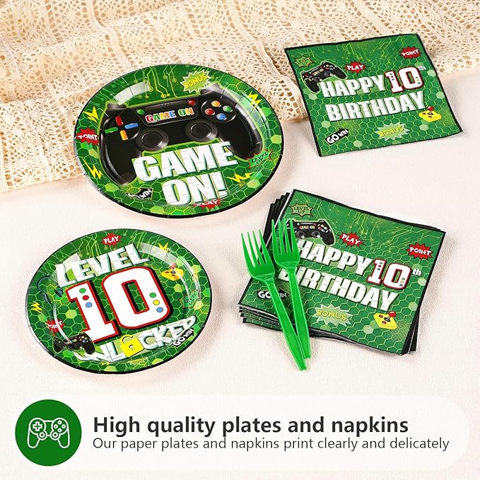 96Pcs 10th Birthday Video Game Party Supplies Green Video Game Paper Plates and Napkins Tableware Sets Video Game Birthday Decorations for Kids Boys 10th Birthday Gamer Gaming Party Serves 24