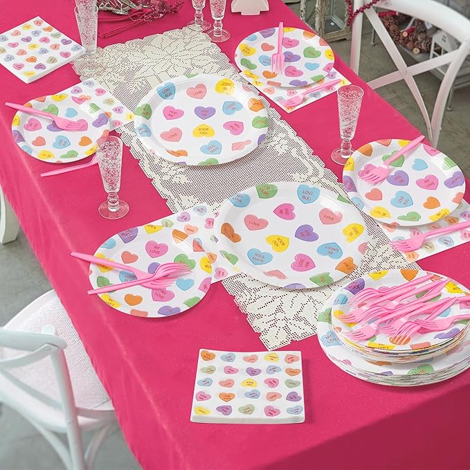 Conversation Heart Valentine's Day Candy Party Plates Supplies - Serves 24 - 96Pcs Party Tableware Decoration Disposable Paper Plates Napkins Forks for Valentine Birthday Wedding