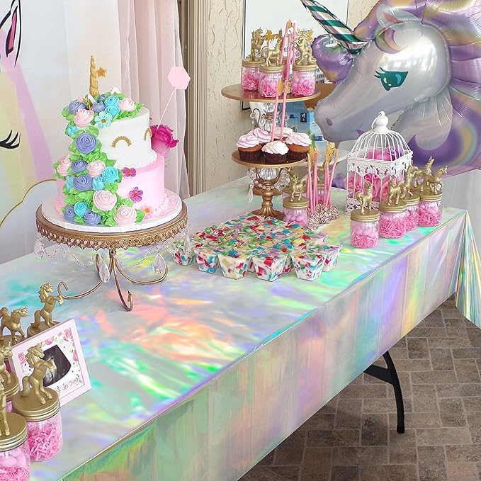 Cheerland 2 Pcs Iridescent Tablecloth Holographic Foil - Disposable Euphoria Sparkle Shiny Iridiscent Rectangle Table Cover Disco Theme for Party Kids Mermaid Unicorn Birthday Baby Shower Bachelorette
