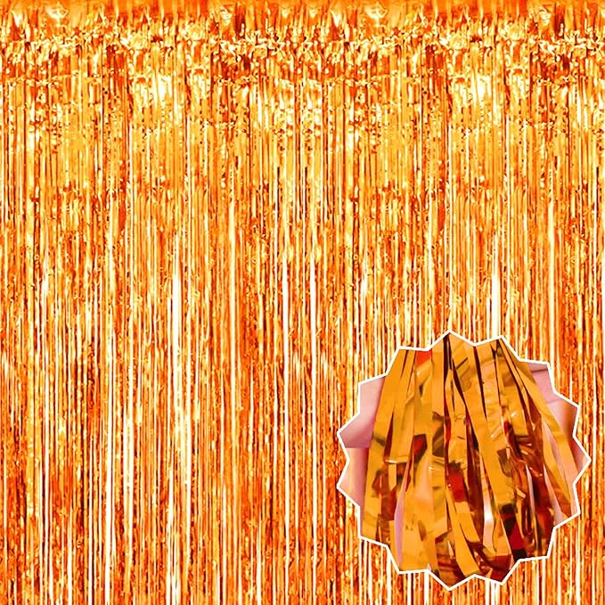 6 Pack Orange Foil Fringe Curtains Backdrop, 3.28 x 9.8 Ft Metallic Streamers Tinsel Curtains Background for Photo Booth, Birthday, Halloween, Christmas, Thanksgiving, New Year Party Decorations