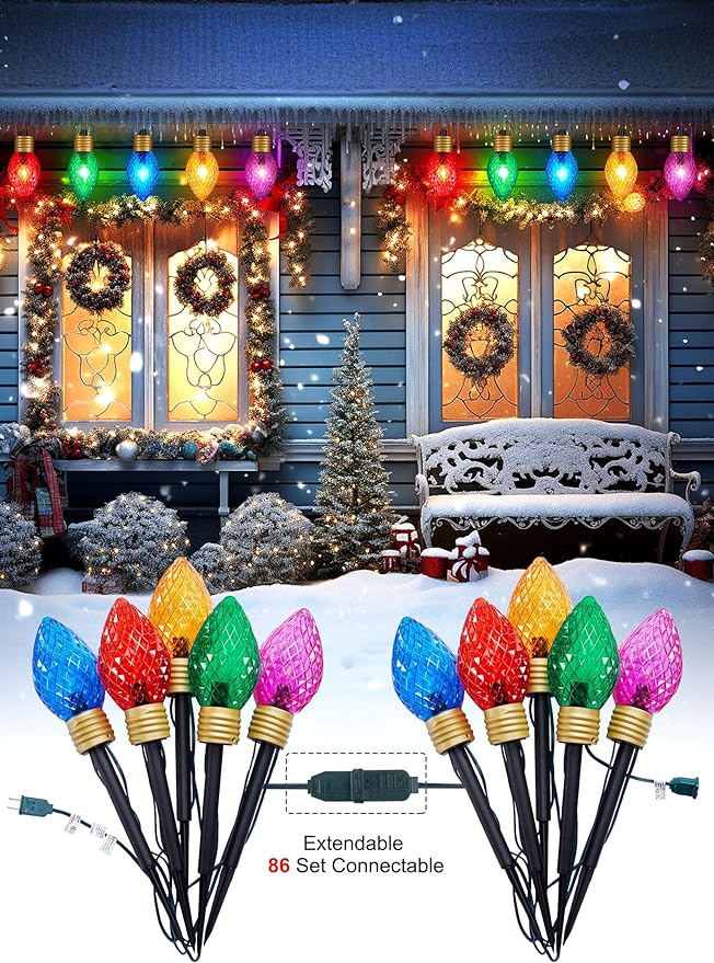 Minetom Strawberry C9 Christmas Jumbo Lights, 2 Pack 10.5 Feet 5 Multicolor Bulb Christmas Pathway Lights Outdoor C7 Light Covered Jumbo Multicolor Light Bulb Decorations for Lawn Outside