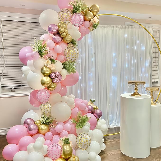 Pink Gold Balloons Set, 12 Inch Pink White Latex Balloons Pink Confetti Helium Balloons Pink and Metallic Gold Party Balloons for Bridal Baby Shower Wedding Girl Women Birthday Decorations