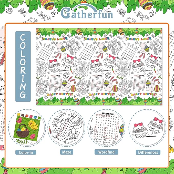 Gatherfun 2 pcs Disposable Easter Color-in Paper Tablecloth Decoration，Happy Easter Paper Table Cover for Children School Party Decor-54 x 88 in，2 pcs