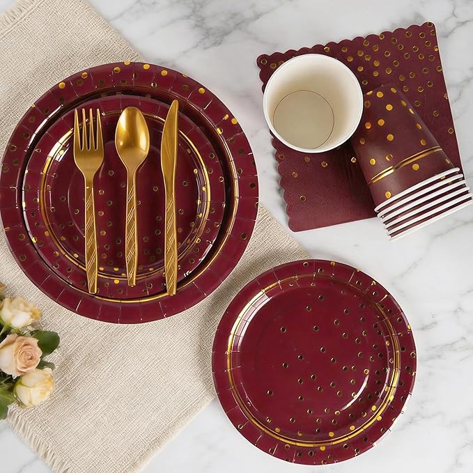 OuMuaMua Maroon Gold Paper Plates and Napkins Party Supplies for 24 Guests, 168 Pcs Burgundy Disposable Plates with Utensils Set for Maroon and Gold Graduation Birthday Party Decorations