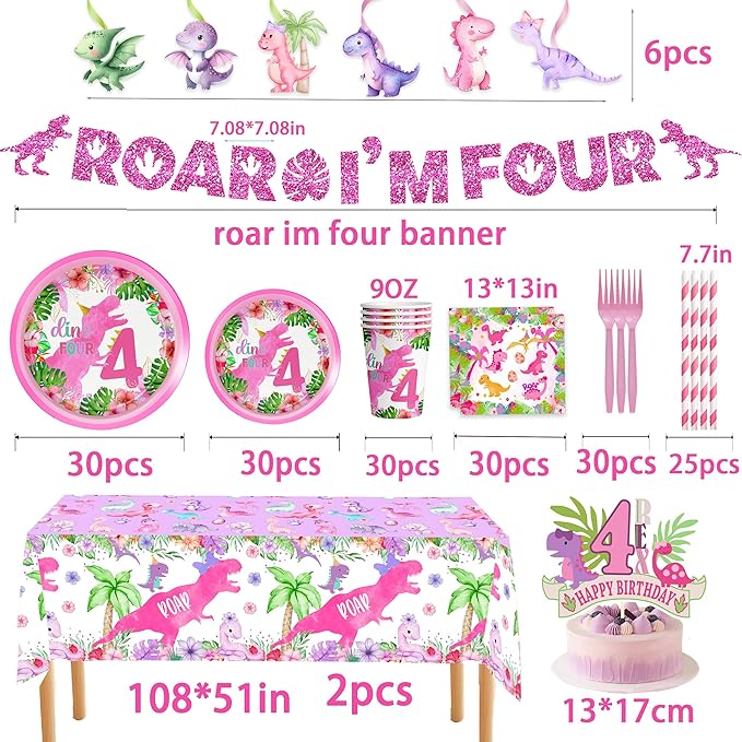 Pink Girl Dinosaur 4th Birthday Decorations for Dino-Four dinosaurs girl Birthday Party Tableware Set include Glitter Roar I'm Four Banner Plates Napkins Cups Tablecloth for 4th Girls Party Supplies