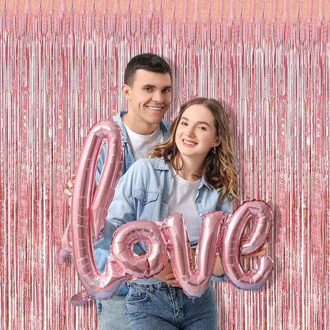 BRAVESHINE Rose Gold Metallic Tinsel Backdrop - 2Pcs 3.2x8.2ft Tinsel Foil Fringe Curtains Photo Booth Streamers for Valentines 21-st Birthdays Bachelorette Engagement Bridal Shower Party Decorations