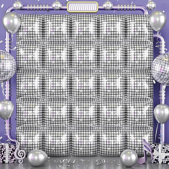Silver Disco Square Foil Balloons Wall, 25PCS Double Sided Shiny Metallic Silver Square Balloon Backdrop Tunnel Arch Kit Background Decor for Retro 70s 80s 90s Disco Birthdays New Year Graduation