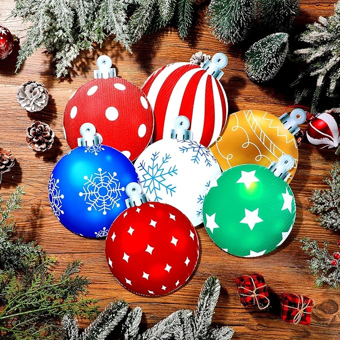 Huwena 24 Pcs Christmas Decorations Outdoor Christmas Hanging Ornaments Peppermint Candy Yard Signs Double Sided Lawn Decorations Peppermint Ornaments for Xmas(Red,Green,Blue,Silver)