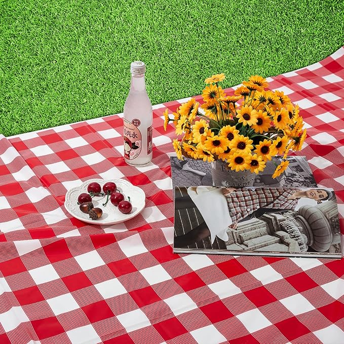 Kesfey Red and White Checkered Tablecloths 3 Packs Red Gingham Plastic Table Cloths 54 X 108 Inches Disposable Waterproof Party Picnic Table Covers Rectangle Checkered Tablecover for Birthday Decor