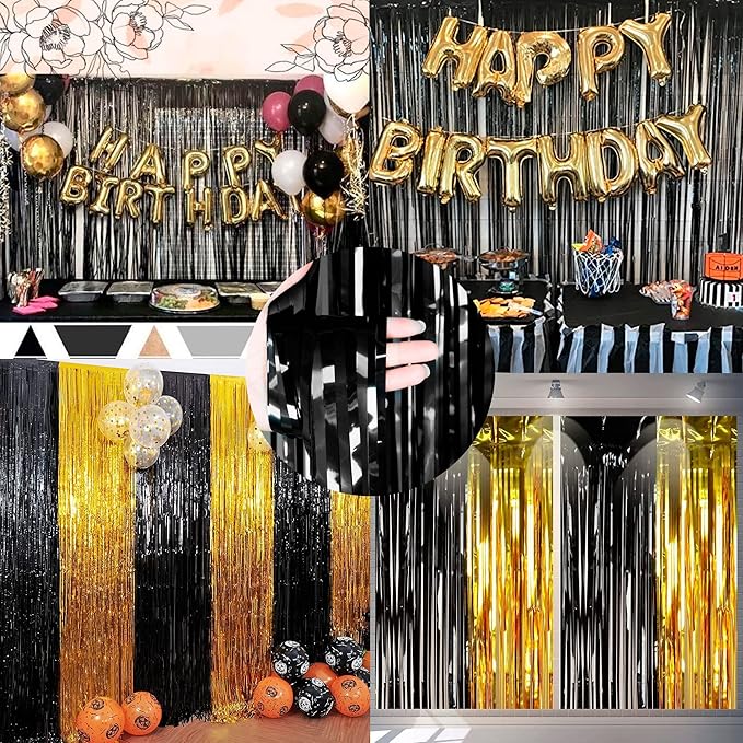 Dazzle Bright 2 Pack Black Backdrop Curtain, 3FT x 8FT Metallic Tinsel Foil Fringe Curtains Photo Booth Background for Baby Shower Party Birthday Wedding Engagement Bridal Shower Decorations