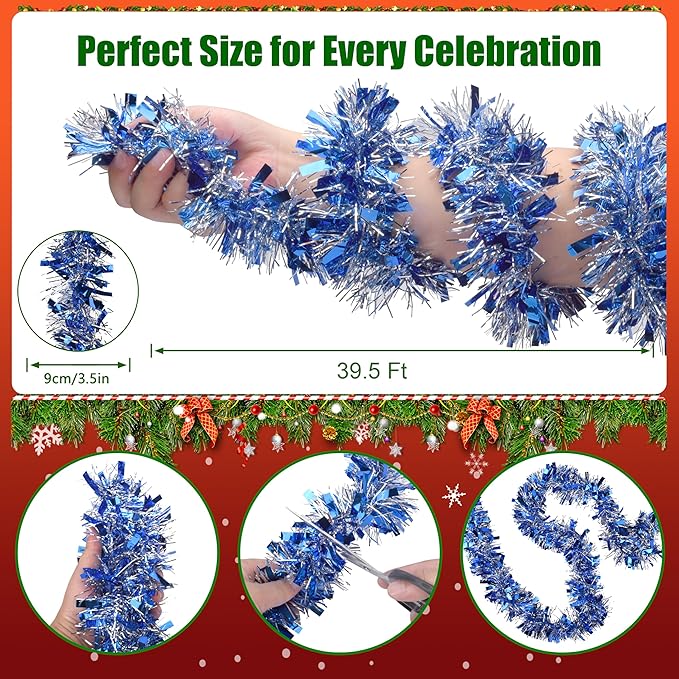 39.5 Ft Christmas Tinsel Garland, Reusable Holiday Metallic Christmas Tree Garland Decoration for Xmas, Wedding, Birthday, Home Party Decor (Blue)