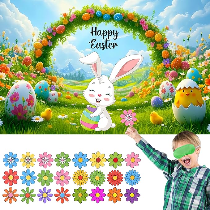 Pin The Flower on The Bunny Easter Games Easter Party Games Easter Rabbit Game with Reusable Stickers Egg Hunt Activities Party Favors Supplies