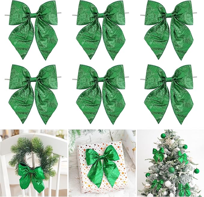 AIMUDI Green Glitter Wired Ribbon Bows with Twist Tie 5.5" Premade Metallic Christmas Bows for Gift Wrapping, Wreath, Garland, Holiday Crafts Party Home Outdoor Christmas Tree Decorations, 12 PCs