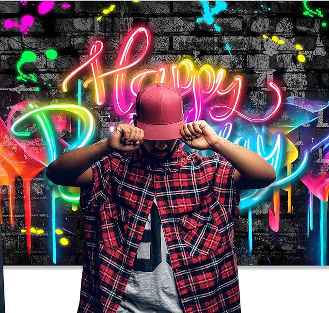 Imirell Neon Happy Birthday Backdrop 5Wx3H Feet Glow in The Dark Graffiti Brick Wall Funny Colorful Painting Polyester Fabric Cool Boys Photography Backgrounds Photo Shoot Decor Props Decoration