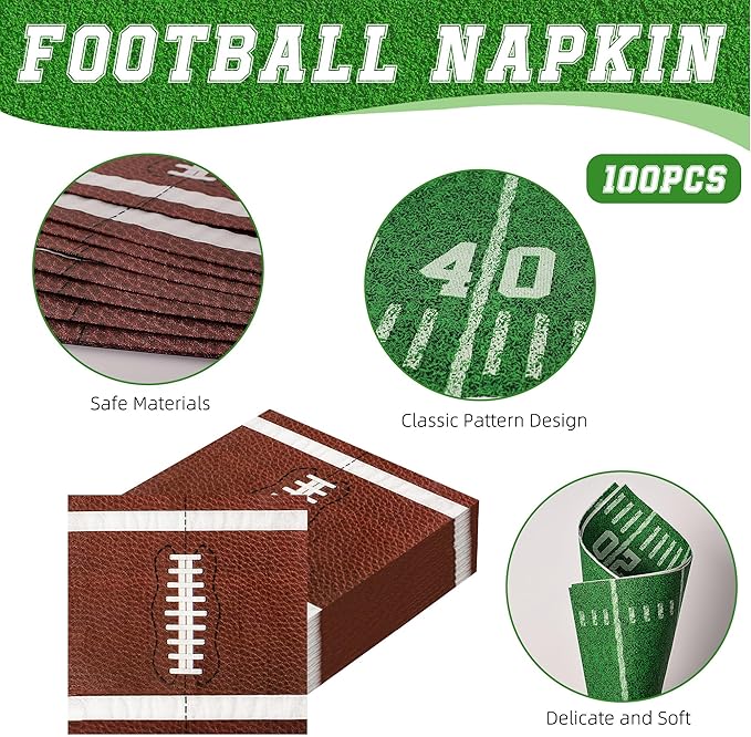 100-Pack Football Party Napkins, 2 Designs, 6.5x6.5 Inch Disposable Paper Napkins for Super Bowl, Football Birthday, Tailgate Party Decorations & Supplies