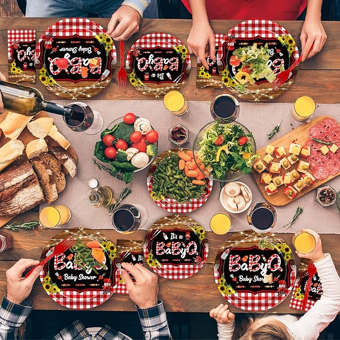 96 Pcs BBQ Baby Shower Decorations, It’s A BabyQ Party Plates and Napkins Supplies Set Sunflower Rustic Wood Barbecue Baby Shower Gender Reveal Picnic Party Disposable Tableware Kit, Serves 24