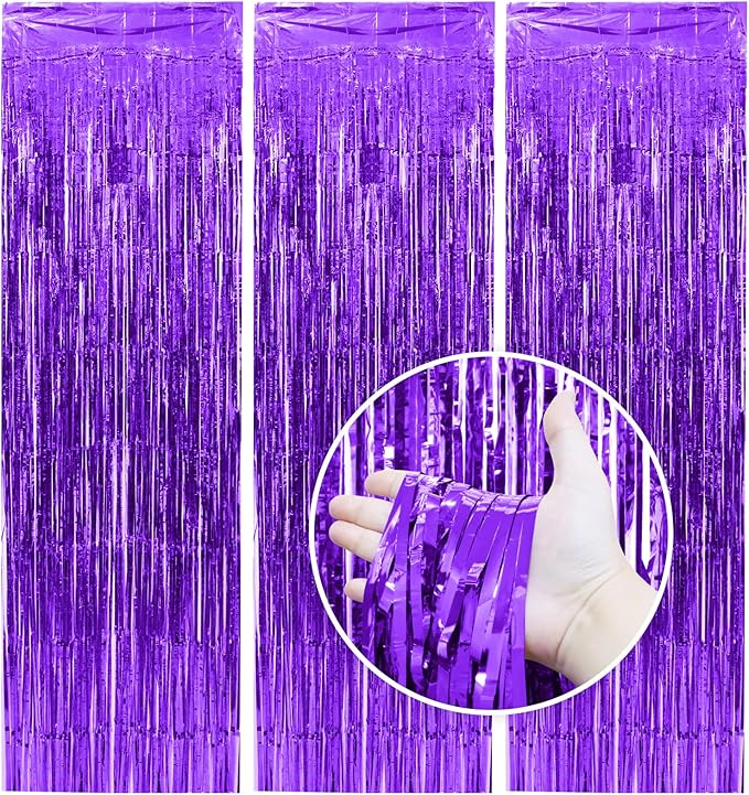 Homiest 3 Pack Purple Tinsel Backdrop, 3.3x6.6 FT Metallic Tinsel Foil Fringe Curtains Party Decorations, Birthday Door Streamers for Baby Shower Wedding, Photo Booth Props Background Wall Decor