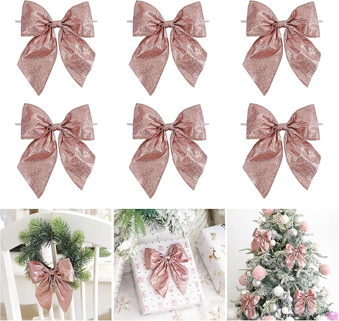 AIMUDI Rose Gold Glitter Wired Ribbon Bows with Twist Tie 5.5" Premade Metallic Christmas Bows for Gift Wrapping, Wreath, Garland, Holiday Crafts Party Home Outdoor Christmas Tree Decorations, 12 PCs