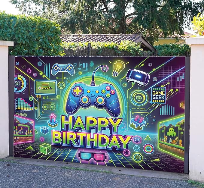 IndoTribe Video Game Happy Birthday Banner Boy 6x4ft Level Up Gamer Party Decorations for Boys Video Game Birthday Decorations for Boys Game On Birthday Decorations Gaming Birthday Party Decorations