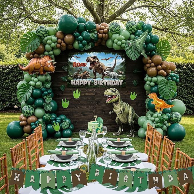 Dinosaur Birthday Party Decorations with Dinosaur backdrop Hunter Green brown balloon arch & Small dino Foil balloons & birthday Banners for Kids Jungle ROAR Three-REX Wild one theme Party Supplies