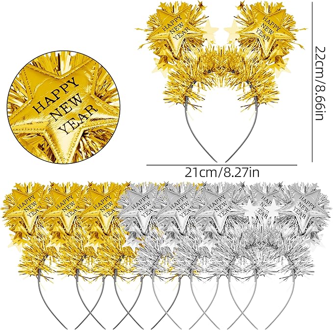 fiintrwa Happy New Year Headband Tiara Gold Silver Fringed Noise Makers and 2026 New Year Party Glasses Decoration Supplies