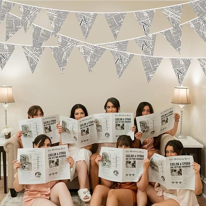 46Ft Vintage Newspaper Burlap Banner Newspaper Burlap Triangle Pennant Flag Linen Bunting Garland Streamers for Vintage Book Birthday Wedding Old News Baby Shower Engagement Library Party Decorations