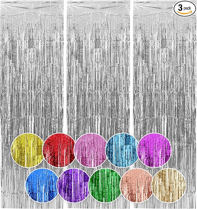Homiest 3 Pack Silver Tinsel Backdrop, 3.3x6.6 FT Metallic Tinsel Foil Fringe Curtains Party Decorations, Birthday Door Streamers for Baby Shower Wedding, Photo Booth Props Background Wall Decor