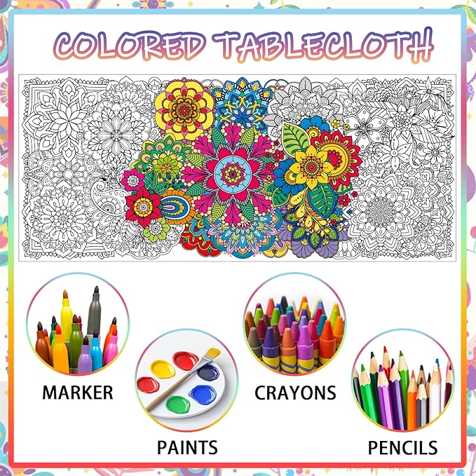 Giant Mandala Coloring Posters 23.6*55.1 Inch Large Spring Mandala Flower Coloring Page Giant Mandala Coloring Tablecloth DIY Art Crafts Mat for Kids Birthday Themed Activity Wall Home Classroom Suppiles