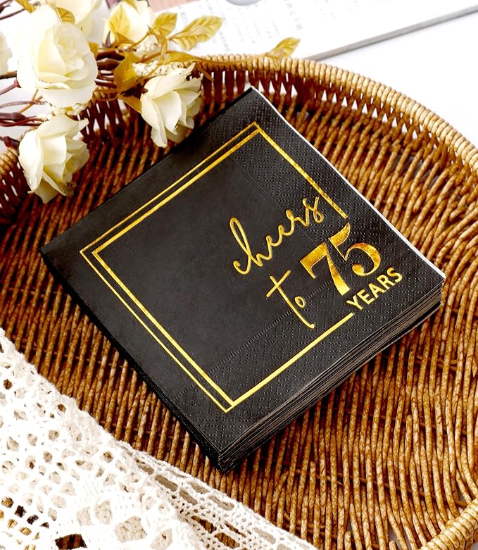 Cheers to Years Cocktail Napkins - 50 PK - 3-Ply Birthday Napkins 5x5 Inches Disposable Party Napkins Beverage Paper Napkins or Birthday Decorations Wedding Anniversary Black and Gold (75 Years)
