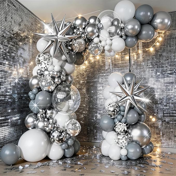 White Silver Balloons Garland Arch Kit, 113pcs White Grey Clear Balloons, Confetti Silver Explosion Star 4D Foil Balloons for Disco Winter Wonderland Holiday Christmas Birthday Ice Snow Party Decor
