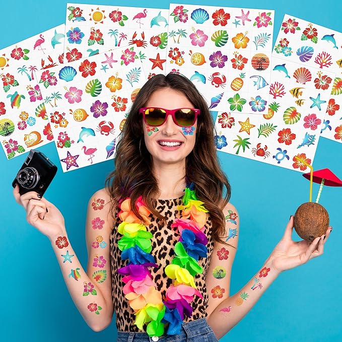 150 PCS Glitter Hawaiian Temporary Tattoos, 6 Pre-Cut Sheets of Hawaiian Party Decorations, Summer Accessories with Hibiscus Crab Designs, Palm Tree Decor for Women Men Flamingo Party Favors