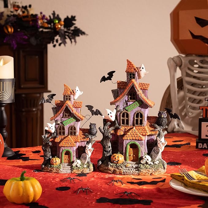 Valery Madelyn Halloween Decorations, Lighted Halloween Village Houses with LED Lights, Resin Spooky Town Happy Haunted House for Home and Party Table Desk Mantel, 9 Inch