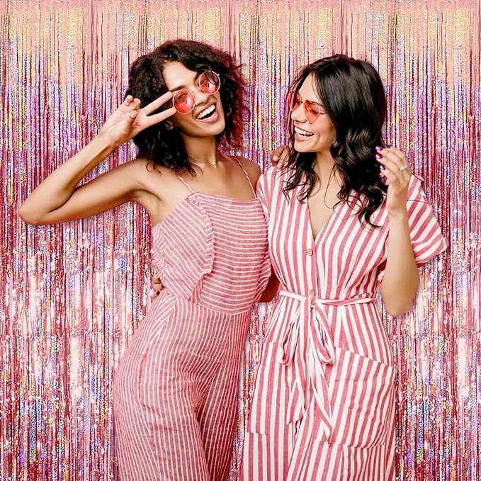 6 Pack Rose Gold Foil Fringe Curtains Backdrop, 3.28 x 8.2 Ft Metallic Streamers Tinsel Curtains Background for Photo Booth, Birthday, Christmas, Halloween, Thanksgiving, New Year Party Decorations