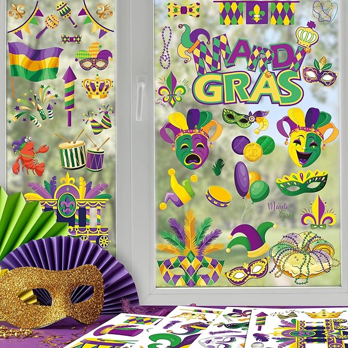 9 Sheets Mardi Gras Window Clings, 11.8 × 7.8 Inches Mardi Gras Decorations, Purple, Gold and Green Window Decals, Double-Sided Carnival Sticker Decor for New Orleans Carnival Holiday Party Supplies