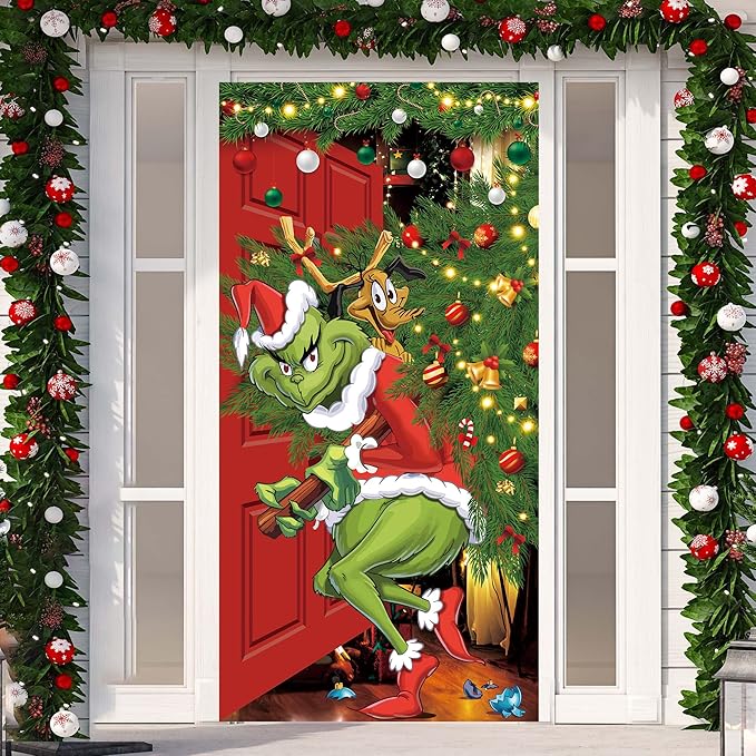 Merry Grinchmas Banner, 71 x 35in Polyester, New Year Christmas Decor for Home Party