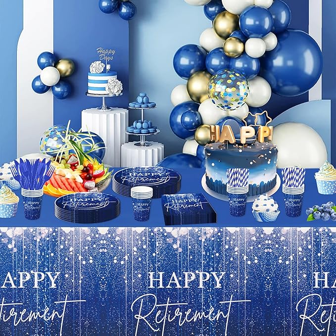 Blue Retirement Party Tablecloth Decorations - Disposable Happy Retirement Party Supplies for Men Women Tablecover, Retirement Table Decorations Table Cloth - 3 Pack (54in x 108in)