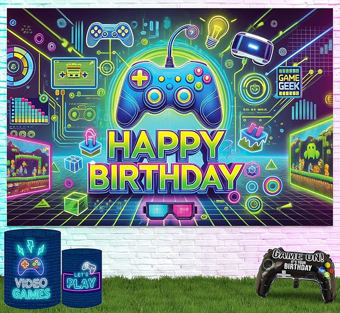 IndoTribe Video Game Happy Birthday Banner Boy 6x4ft Level Up Gamer Party Decorations for Boys Video Game Birthday Decorations for Boys Game On Birthday Decorations Gaming Birthday Party Decorations
