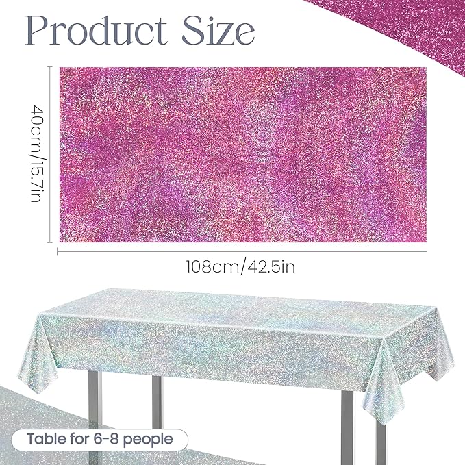 Sparkling Holographic Laser Tablecloth - Shimmering, Waterproof, Easy to Clean - Ideal for Bachelorette, Birthday, Wedding, and Anniversary Party Decorations (Pink & Silver, 2)