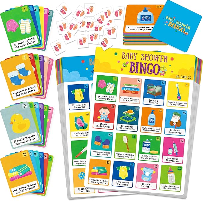 Baby Shower Bingo Game, 50 Bilingual Spanish & English Bingo Cards for Gender Reveal Party, Baby Shower, Game Favors, Supplies, Decorations for Adults (50 Players)