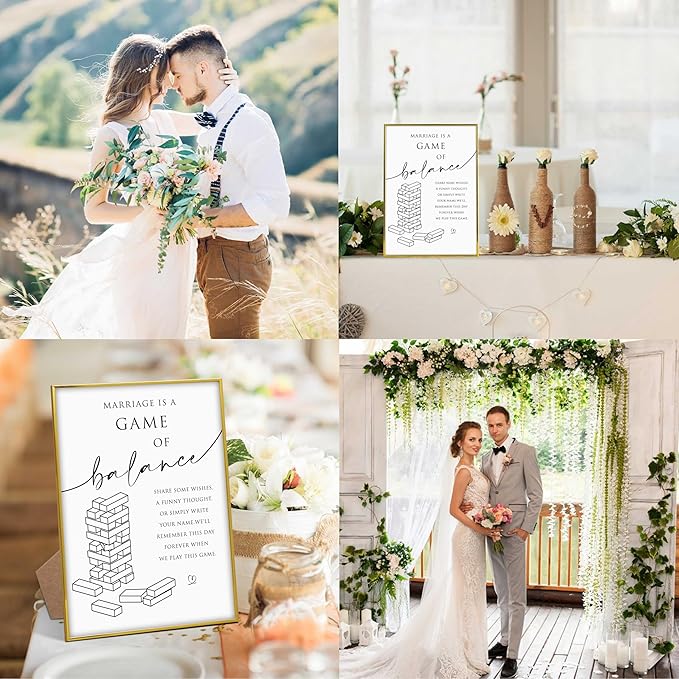 Marriage is A Game of Balance Sign, 8"X 11" Gold Frame Wood Wedding Sign with Stand, Balance Jenga Game Signage, Engagement Party Decorations, Wedding Party Favors for Ceremony and Reception-9
