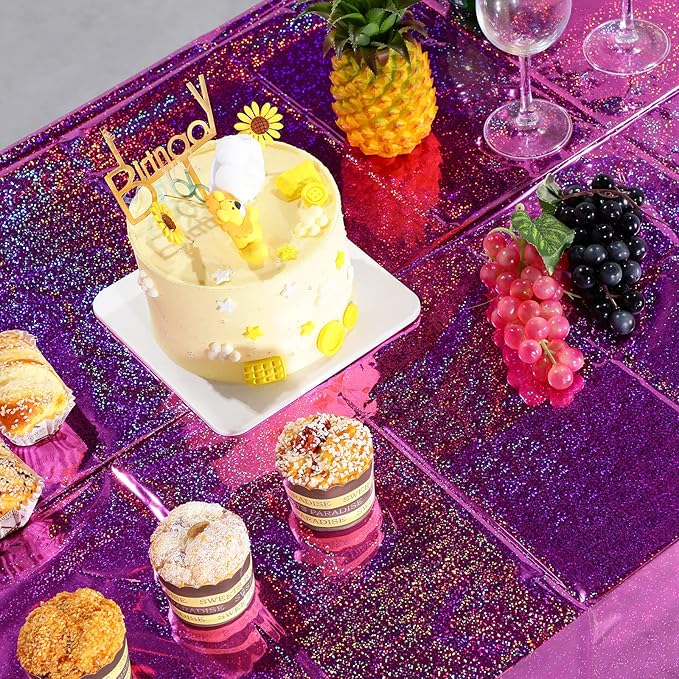 8 Pack Iridescence Plastic Tablecloths Shiny Disposable Laser Rectangle Table Covers Holographic Foil Tablecloth Iridescent Kpop Birthday Bridal Wedding Party Decoration, 54" x 108"(Pink & Purple)