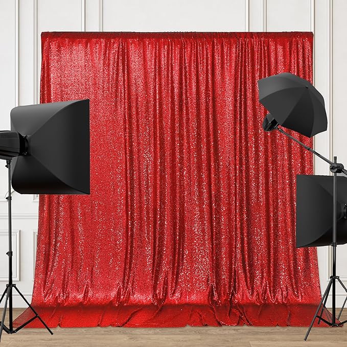 PartyDelight Red Sequin Backdrop 6x8ft - High Density 3mm Shimmer Sequin Background with 4-Inch Rod Pocket, Sparkly Photography Curtain for Birthday, Christmas, TikTok & Live Decor
