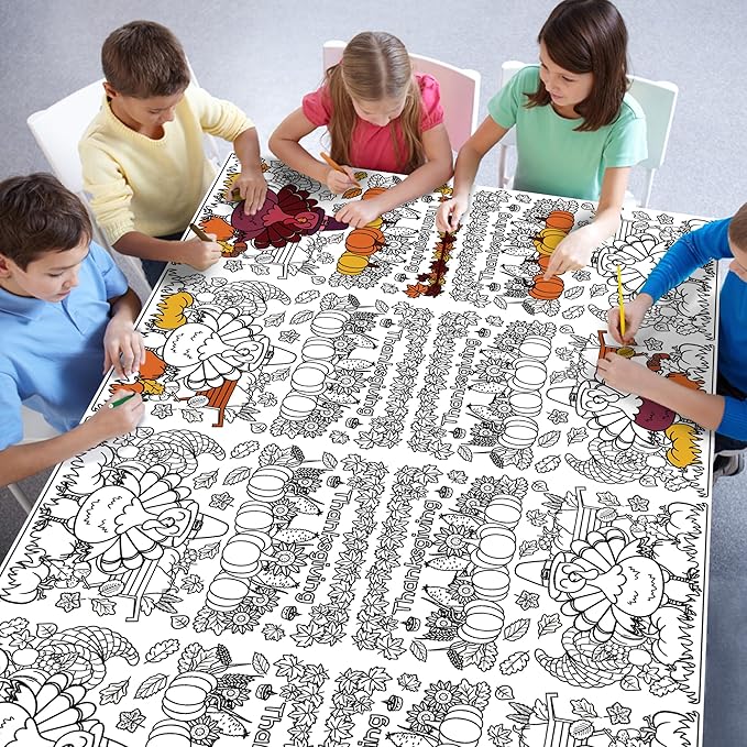 OHOME Thanksgiving Coloring Tablecloth - Thanksgiving Decorations Table Decor - Friendsgiving Banner for Door Wall | Crafts Games for Kids,54" x 88"