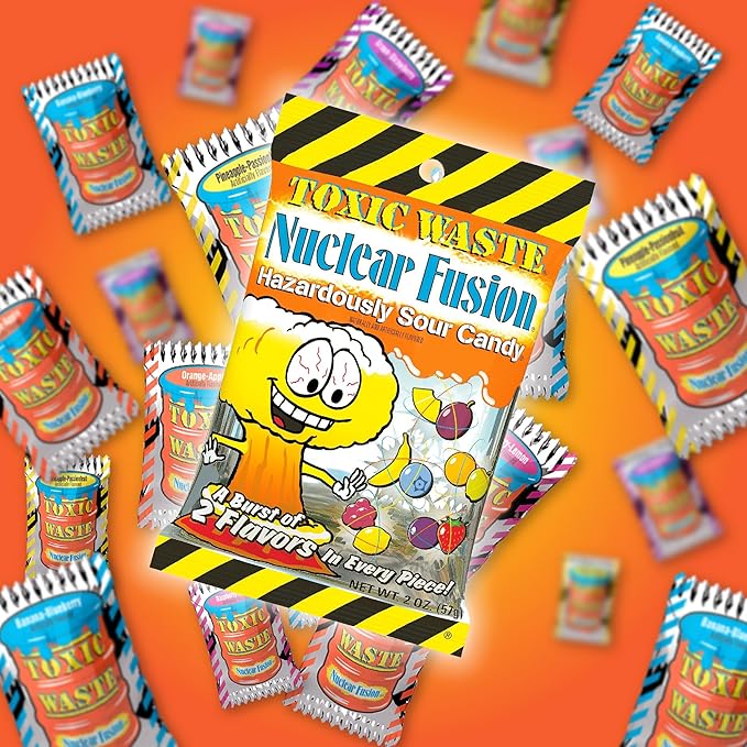 TOXIC WASTE - Nuclear Fusion Hazardously Sour Candy - Raspberry-Lemon, Pineapple-Passionfruit, Grape-Strawberry, Banana-Blueberry, & Orange-Apple Flavors - 1000 Piece Bulk Bag