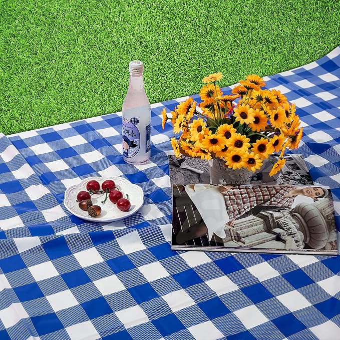Kesfey 3 Packs White and Blue Gingham Table Cloths 54 x 108 Inches Disposable Plastic Checkered Tablecloths Waterproof Rectangle Picnic Party Tablecovers for Birthday Party Dining Table Kitchens