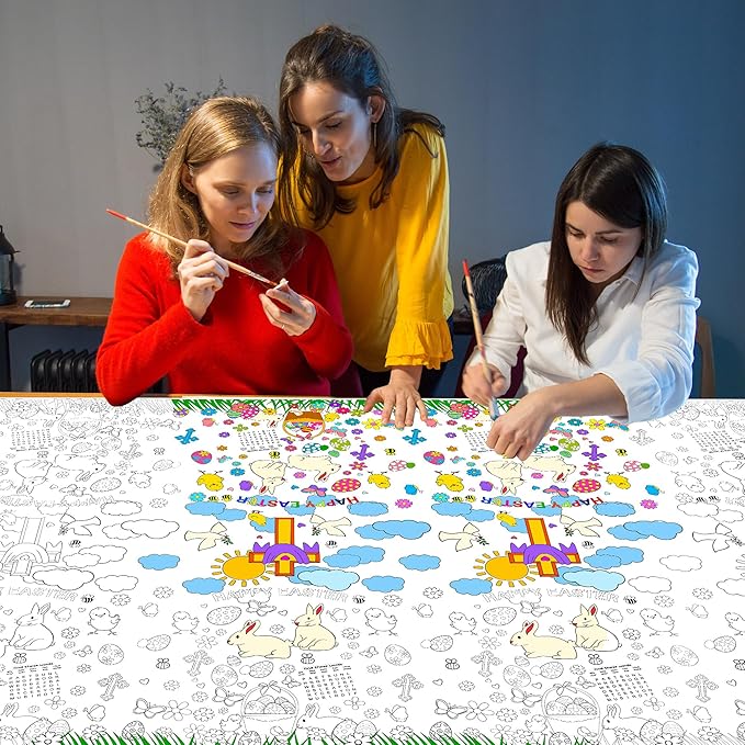 Easter Coloring Tablecloth for Kids,Giant Coloring Poster Table Cover for Home Classroom Coloring Craft Activities Easter Party Decorations Supplies,54x108 Inch