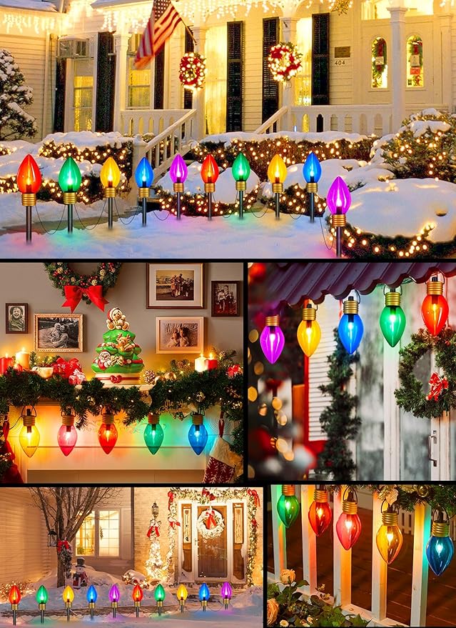 Minetom Jumbo Christmas Lights, C9 Outdoor Pathway Marker Stakes Lights, 4 Pack 10.5 Feet 5 LED String Lights Covered Jumbo Multicolored Light Bulb for Holiday Outside Yard Garden Walkway Decor