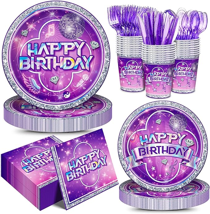 168pcs Music Party Supplies Paper Plates Napkins Disposable Paper Cups Purple Fork Tableware Set Purple Music Birthday Party Decoations for Girls Birthday Supplies Serve 24